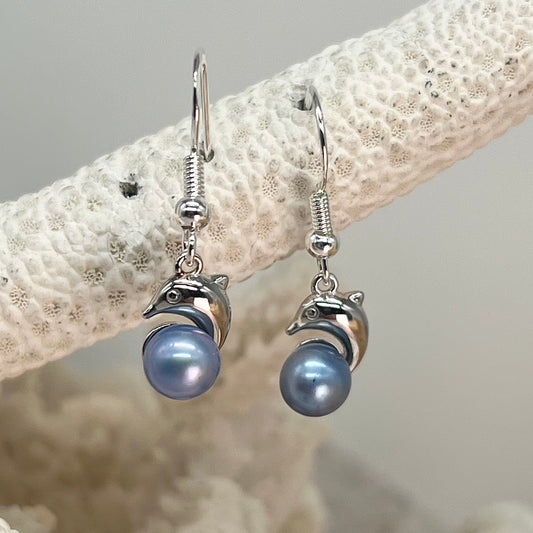 Precious Porpoise Sterling Silver Dangle Earrings with Periwinkle Pearls