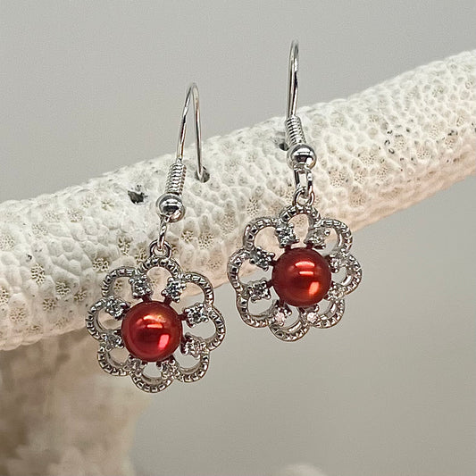 In Bloom Custom Sterling Silver Dangle Earrings with Red Pearls