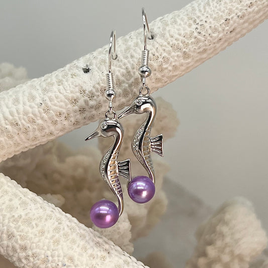 Jumping Seahorse Sterling Silver Custom Dangle Earrings with Purple Pearls