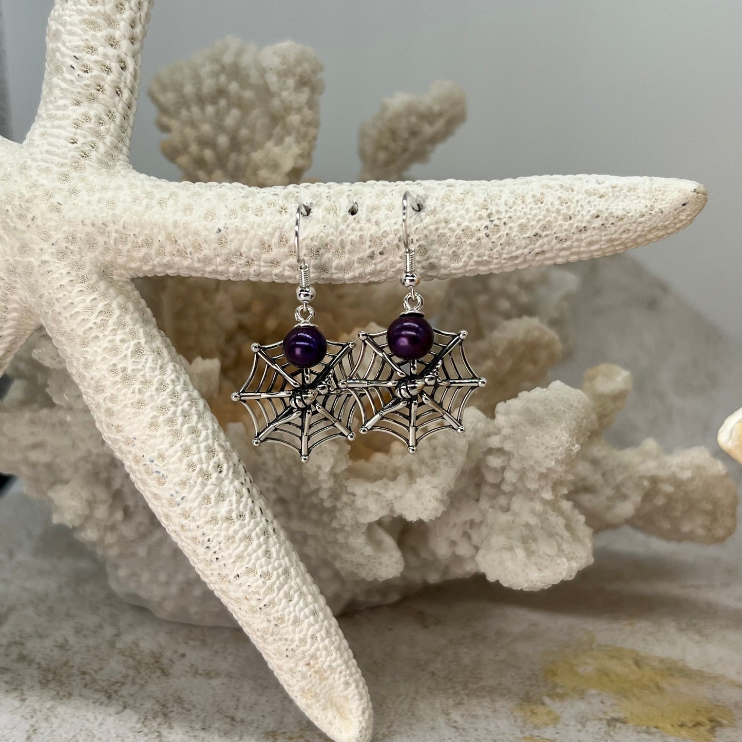 Creeping Around Sterling Silver Custom Spider Dangle Earrings - Deep Purple Pearls Included