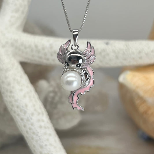 Little Axolotl Sterling Silver Pendant - New Arrival - Last One, Comes with White Pearl As Seen