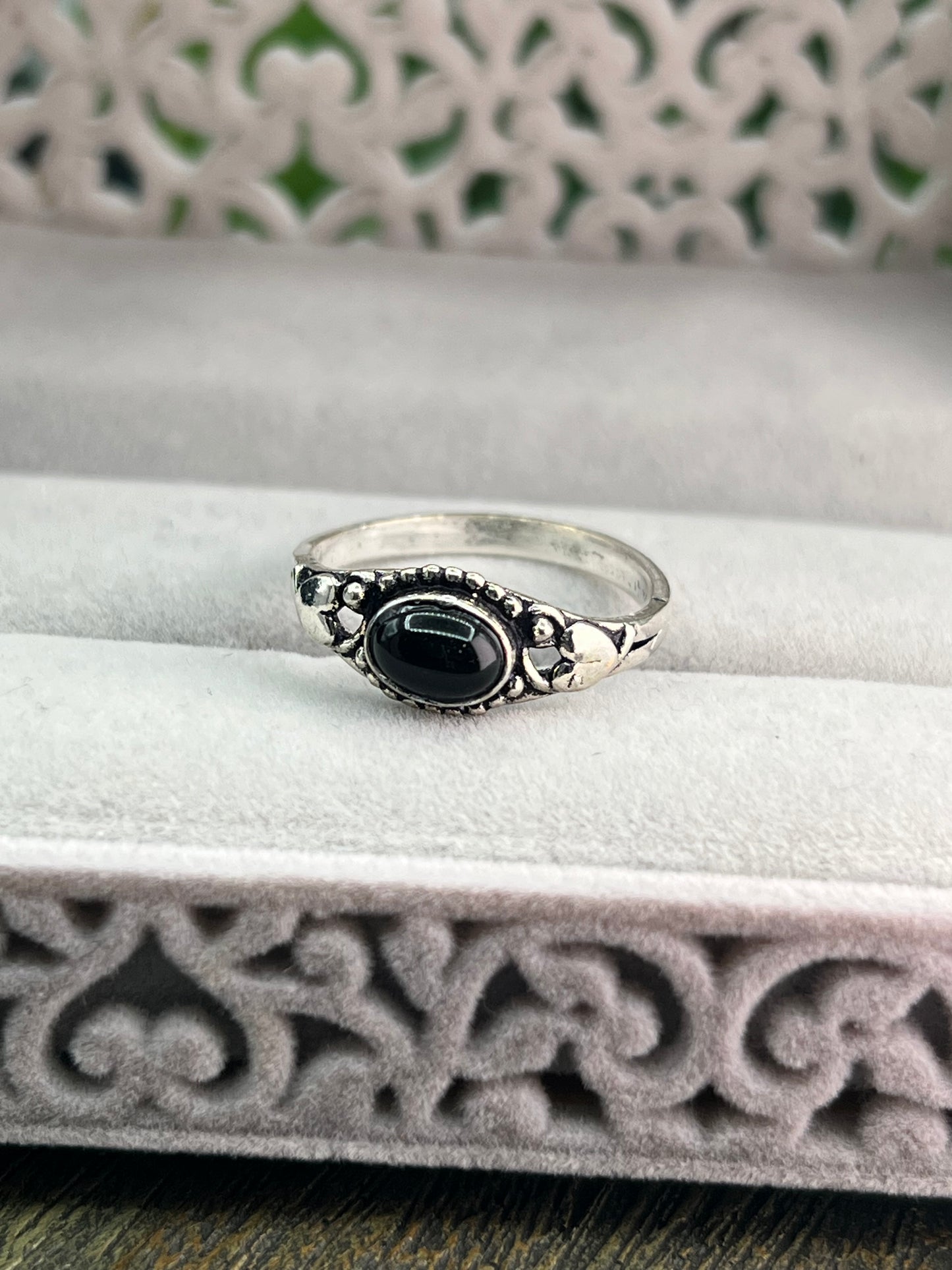 Obsidian Silver Plated Ring - Size 9