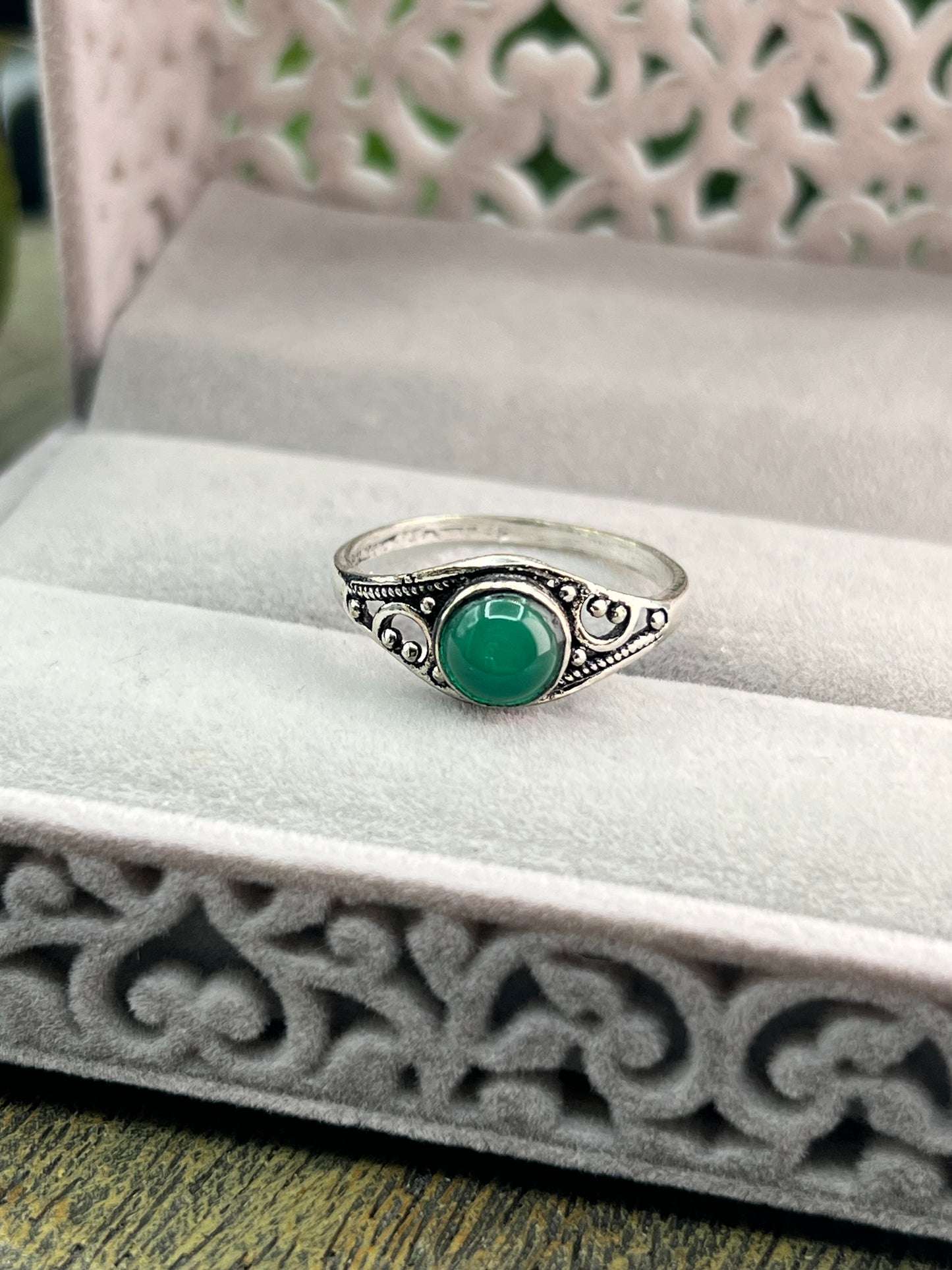 Green Agate Silver Plated Ring - Size 9