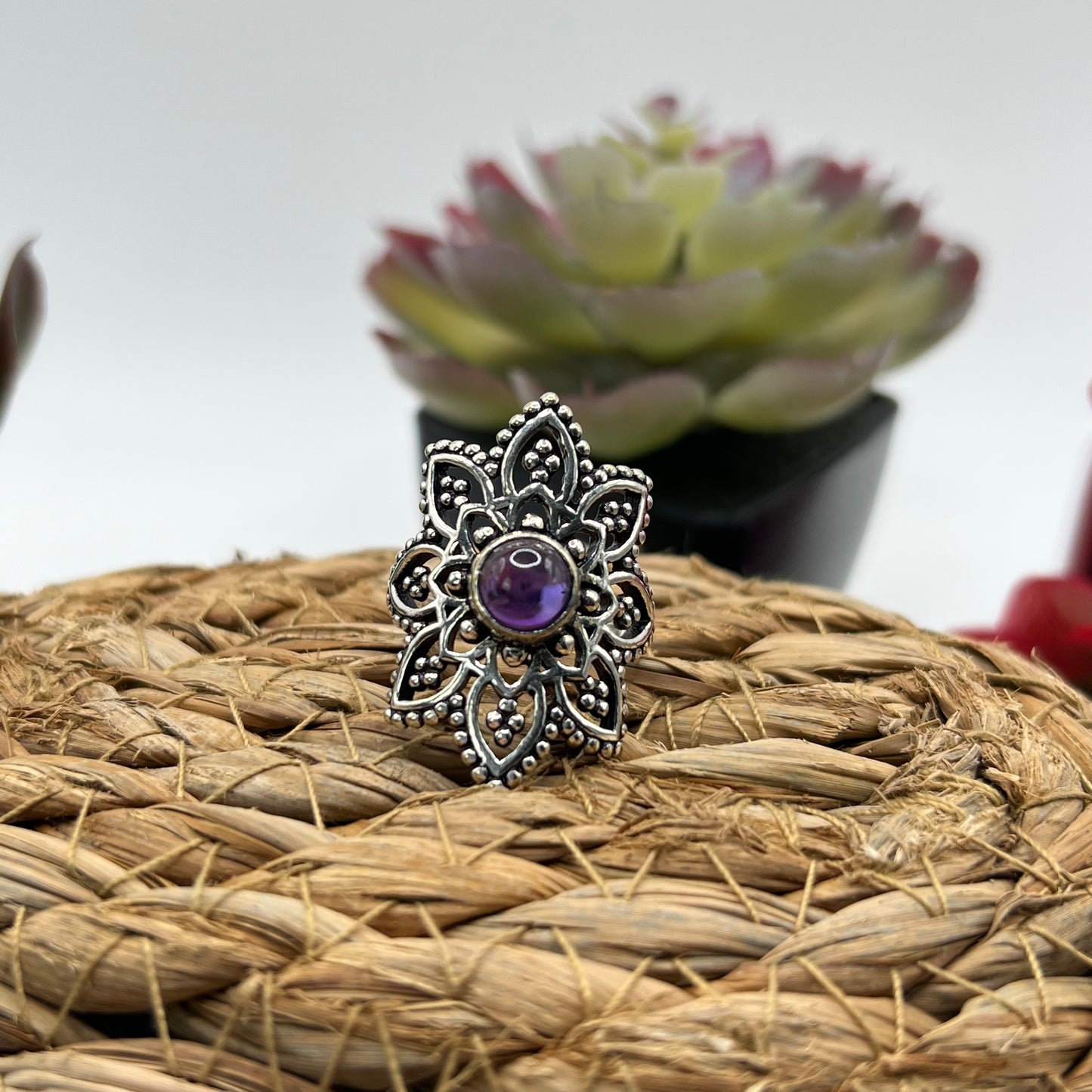 Sterling Silver Plated Boho Amethyst Crystal Ring - Size 8.5