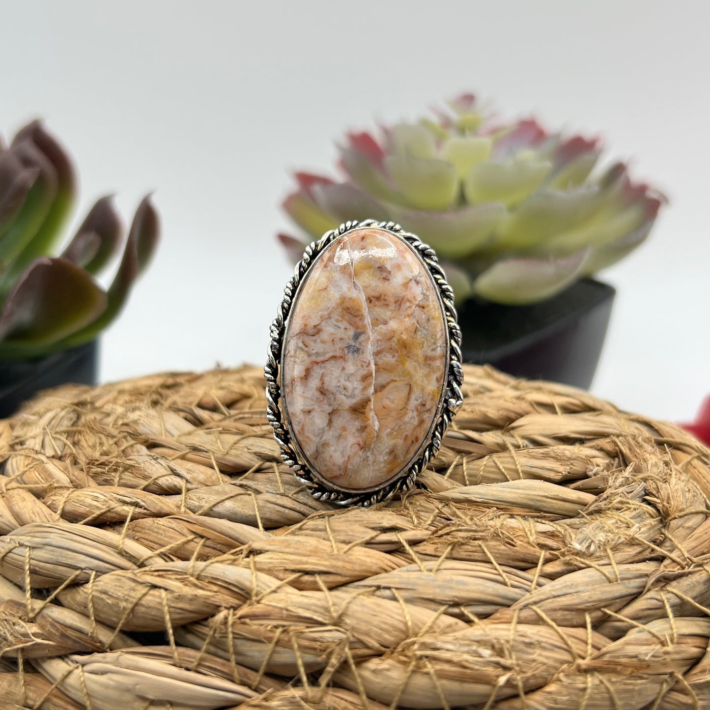 Sterling Silver Oriental Agate Ring - Size 8.5