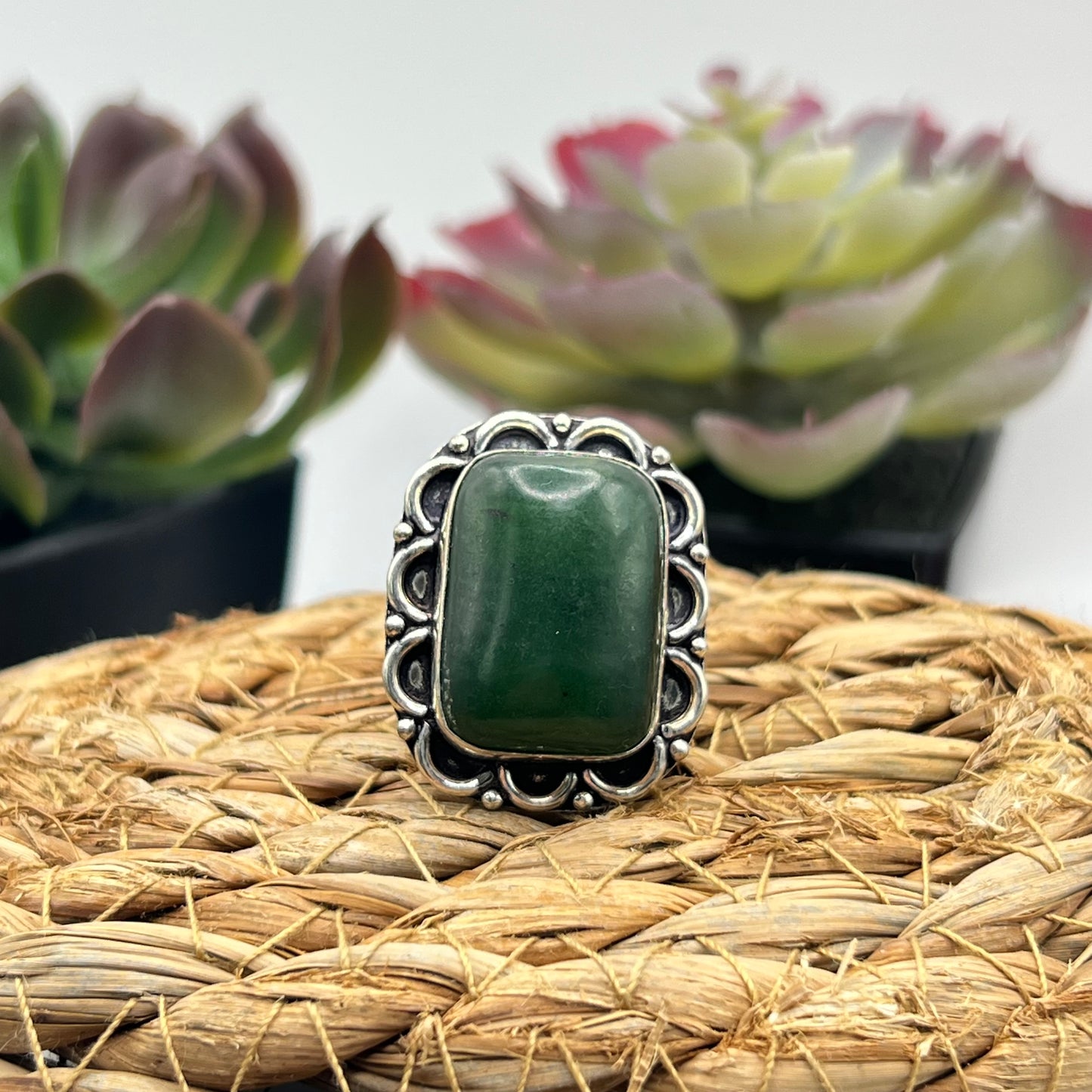 Sterling Silver Nephrite Ring - Size 8